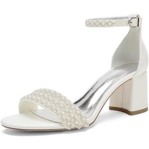 Block Heels Pearls Wedding Sandals Open Toe Ankle Strap